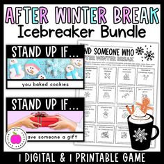 the winter break icebreakerer bundle is shown in three different pictures and includes instructions to make