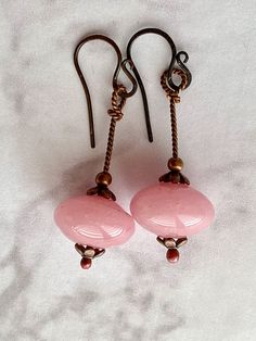 Pink Glass Candy Dangle Earrings With Copper Wirework Earrings, Pink Dangle Earrings, Hot Pink Earrings, Valentines Earrings, Funky Earrings, Glass Candy, Dangly Earrings, Pearl Earrings Dangle, Antique Earrings