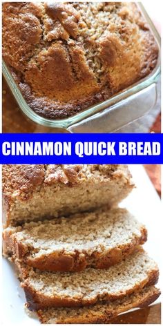 cinnamon quick bread is cut into slices and placed on a white plate with blue text overlay