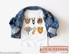 a white shirt with animals on it and a denim jacket that says royal friends in the front