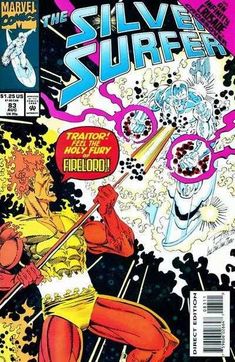 the silver surfer comic book cover with an image of a man in yellow and white