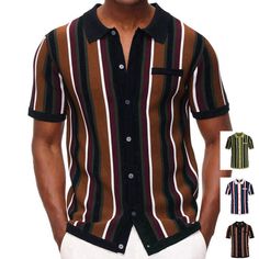 Product Description Mens Fashion Color Matching Striped Single Breasted Lapel Short Sleeve Shirt Sweater T Shirt Features: 【Material】It is made of high-quality materials, durable enough for your daily wearing. 【Features】Striped design makes you more attractive. 【Occasions】Men's top is an excellent choice for daily and holiday. 【Size】Please refer to the size chart on the picture before placing an buying. 【Combine】Men's top is easy to , and can be well collocated with leggings and pants. Product D Knitted Polo Shirt, Knitted Polo, Striped Short Sleeve Shirt, Streetwear Men, Knit Style, Sleeve Pattern, Polo Sweater, Men's Knit, Striped Cardigan