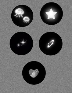 four black and white circles with different symbols on them in the shape of hearts, stars, and an octopus