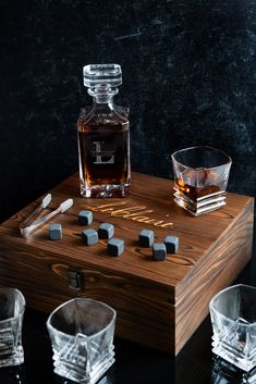 "Usually ships in just one to two days! Free domestic shipping! 𝙋𝙍𝙊𝘿𝙐𝘾𝙏 𝘿𝙀𝙏𝘼𝙄𝙇𝙎 The Left Coast Original Decanter Wood Box Set exudes quality and sophistication. Crafted from quality wood, this box set is designed to keep your whiskey glasses, decanter, and accessories safe and secure so you can enjoy your whiskey in style. If you check out with the Full Wood Box Set, inside you'll find:  - A glass decanter - Four high-quality glasses - 8 whiskey stone cubes for chilling without dil Message Thread, Whiskey Set, Whiskey Stones, Whiskey Glasses, Custom Graphics, Glass Decanter, Wood Box, Decanters, Wood Pieces