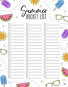 a summer bucket list with watermelon, ice cream and sun glasses on it