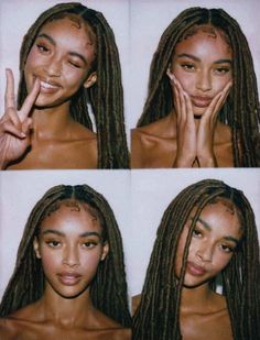 four pictures of a woman with dreadlocks making the middle finger sign