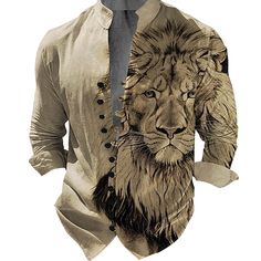 Season:Summer,Spring; Fabric:Polyester; Sleeve Length:Long Sleeve; Look After Me:Machine wash,Hand wash; Gender:Men's; Style:Vintage,Casual; Elasticity:Inelastic; Tops Type:Button Up Shirt,Shirt; Occasion:Party Evening,Holiday,Daily; Fit Type:Regular Fit; Pattern:Lion; Design:3D Print,Button Up; Neckline:Standing Collar; Brand:OUKU; Listing Date:07/12/2024 Button Up Shirt Long Sleeve, Mens Printed Shirts, Lion Shirt, Daily Holidays, Lion Design, Holiday Summer, Standing Collar, Spring Fabric, Vintage Casual