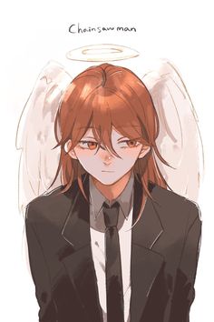 an anime character wearing a suit and tie with angel wings above his head in the background