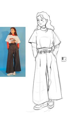 a drawing of a woman wearing wide legged pants and a t - shirt with the word,