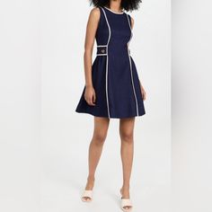 This Shoshanna Mini Dress Cuts A Tidy Silhouette With A Waist That's Defined By Buttons And Contrast Trim At The Seams. Keep Your Look Understated With A Monochrome Pair Of Heeled Sandals. Fabric: Fabric: Lightweight, Non-Stretch Linen Weave Round Neckline Contrast Piping Decorative Buttons At Sides Hook-And-Eye And Hidden Zip At Back Shell: 100% Polyester Lined Dry Clean Made In The Usa Chic Navy A-line Mini Dress, Navy A-line Spring Dress, Navy A-line Dress For Spring, Spring Navy A-line Dress, Chic Navy A-line Dress, Chic Navy Knee-length Dresses, Navy A-line Summer Dresses, Navy A-line Mini Dress For Spring, Navy Mini Length Spring Dresses