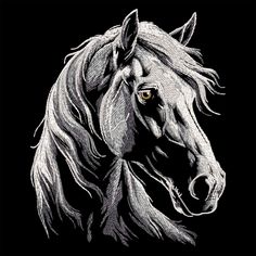 a black and white drawing of a horse's head with yellow eyes on a black background