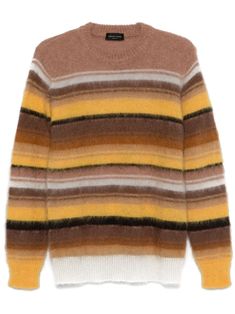 tobacco brown/multicolour mohair blend open knit brushed effect horizontal stripe pattern crew neck long sleeves straight hem Sweaters Brown, Sweater Brown, Statement Shirt, Balenciaga Triple S, Short Suit, Brown Sweater, Open Knit, Espadrille Shoes, Striped Sweater