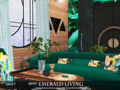 a living room filled with lots of green furniture and decor on top of a wooden table