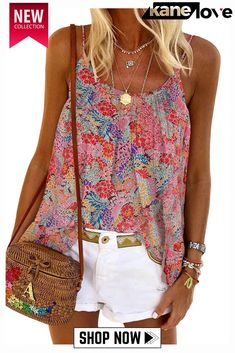 Multicolor Spaghetti Straps Floral Print Sleeveless Top Fashion Bottoms, Womens Sleeveless Tops, Printed Sleeveless Top, Style Inspiration Summer, Stylish Plus, Plus Size Blouses, Half Sleeves, Casual Style, Daily Wear