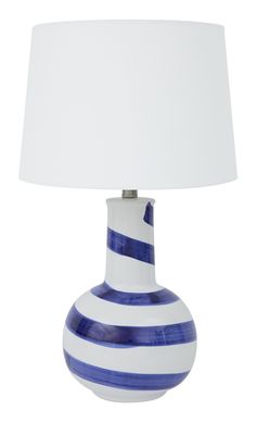 a blue and white striped lamp with a white shade on the top, against a white background