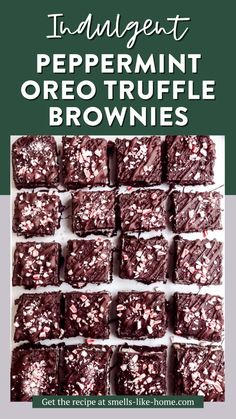 chocolate brownies stacked on top of each other with text overlaying the image