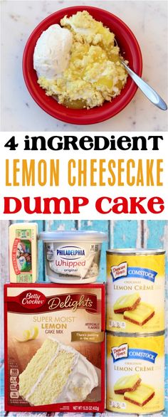 lemon cheesecake dump cake recipe on a red plate with the words, 4 ingredient lemon cheesecake dump cake