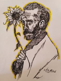 a drawing of a man holding a sunflower in his right hand and looking at the viewer