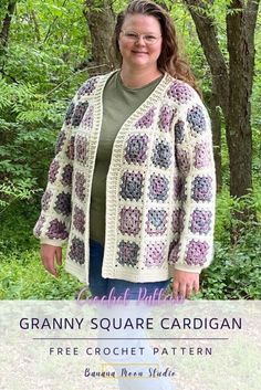 a woman wearing a granny square cardigan with trees in the background and text overlay that reads, granny square cardigan free crochet pattern