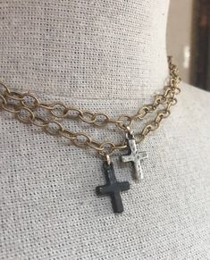 Hammered unique petite rustic or silver crosses on pretty matte gold linked, lightweight adjustable chain. Flattering, versatile piece for everyday or layering! Beautiful gift idea, too! DETAILS: 16” adjustable length Hammered Cross Necklace, Vintage Soul, Silver Cross, Matte Gold, Antique Brass, Vintage Designs, Trunk, Cross Necklace, Choker Necklace