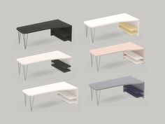 six different tables with hairpin legs in various colors and sizes, all designed to look like the same furniture