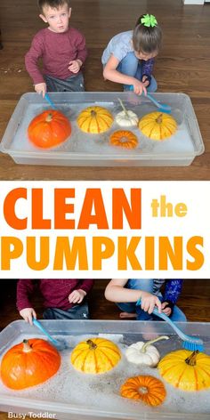 two children are making pumpkins out of foam and cleaning them with a plastic brush