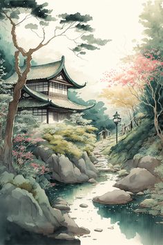 Asian Landscape Painting, Japanese Landscape Painting, Japan Landscape Painting, Asian Paintings Japan, Fantasy Asian Landscape, Japanese Temple Watercolor, Traditional Chinese Painting Landscapes, Asian Artwork, Japanese Ink Painting