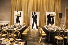 two black and white silhouettes are on the wall behind tables set with gold chairs