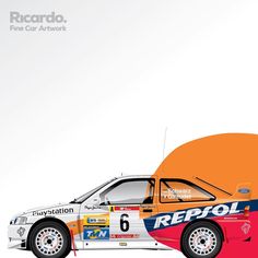 an advertisement for a rally car with the number six on it's front end