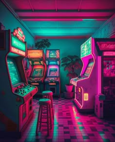 a room with arcade machines and stools in front of the wall that has neon lights on it