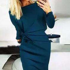 Indulge in the luxury of this exquisite Pullover Round Neck Long Sleeves Dress. Offered in classic black and sky blue, this dress features a mid-waist design and is available in sizes S to XXL. Combining single-piece splicing with intricate collage and stitching craftsmanship, this cotton blend dress is sure to make you stand out. This luxurious dress offers a timelessly elegant look with its sophisticated color palette, mid-waist design, and intricate craftsmanship. Elegantly cut from a quality Blue Knee-length Long Sleeve Party Dress, Elegant Solid Color Evening Bodycon Dress, Elegant Solid Color Bodycon Evening Dress, Blue Long Sleeve Dress For Formal Fall Occasions, Formal Blue Long Sleeve Dress For Fall, Formal Long Sleeve Blue Dress For Fall, Chic Blue Knee-length Long Sleeve Dress, Elegant Solid Color Winter Mini Dress, Blue Solid Color Evening Midi Dress