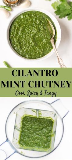 a white plate topped with green sauce next to a glass bowl filled with pesto