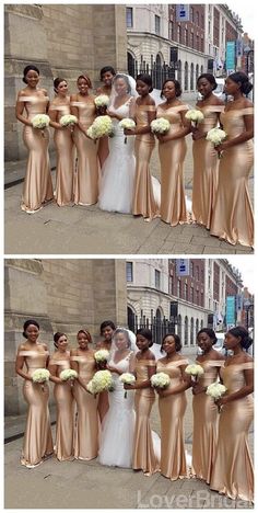 two pictures of the same bride and her bridal party in gold dresses with white bouquets