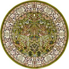 a round rug with an ornate design in green and gold colors on a white background