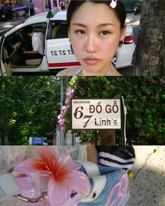 a woman standing in front of a white car with a pink flower on it's head