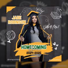 a woman in a graduation cap and gown is holding a yellow banner with the words home coming on it