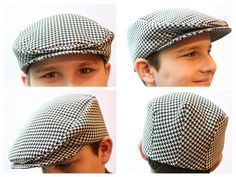 four pictures of a boy wearing a hat with different angles and patterns on the side