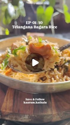 the video is showing how to make an egg rice dish with vegetables and meats