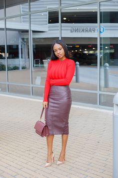 Red and Plum | Prissysavvy Plum Skirt Outfit, Cozy Cardigan Outfit, Official Wear, Skirt Outfit Ideas, Church Outfit, Black Bloggers, Corporate Attire, Outfit Top