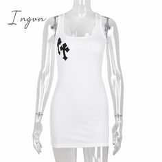 Ingvn - Cross Print White Sexy Dress For Women Summer Sleeveless Square Collar Tank Mini Casual White Bodycon Dress, Mini Tank Dress, Mini Dress Casual, Bodycon Dresses, Casual Party, Dress For Women, Bodycon Dress, Mini Dress, Womens Dresses