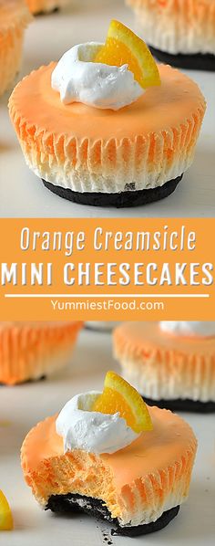 orange creamsicle mini cheesecakes with whipped cream and an orange slice on top