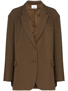 Chocolate brown Made from suiting fabric Peak lapels Button front fastening Drop shoulders Long sleeves with buttoned cuffs One welt chest pocket Two flap side pockets Double back vent Satin lining Straight hem This item is designed to be extra oversized Capsule Wardrobe Blazer, Summer Items, The Frankie Shop, Suiting Fabric, Frankie Shop, Brown Blazer, Blazer Designs, Airport Fashion, Suit Fabric