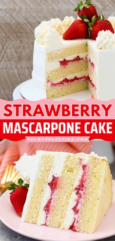 You'll love this strawberry mascarpone cake recipe! Layered with a fresh strawberry filling and mascarpone whipped cream frosting, this moist homemade vanilla cake is a fun summer dessert. Put this strawberry layer cake on your 4th of July baking ideas! Mascarpone Fruit Cake, Strawberry Romanoff Cake, Cakes To Bake At Home, Strawberries Cream Cake, Refreshing Cake Recipes, Strawberry Layered Cake Recipes, Strawberry And Raspberry Cake, Strawberry Filling Cake Recipe, Strawberry Gateau Cake