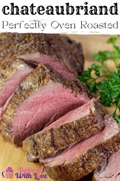 sliced roast beef on a cutting board with parsley