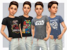 three young boys wearing star wars t - shirts in different colors and sizes, standing next to each other