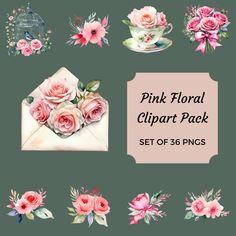 pink floral clipart pack with roses and teacups for commercial use in watercolor