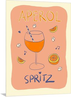 Metal Print entitled Aperol Spritz.  Multiple sizes available.  Primary colors within this image include Peach, Orange, Light Yellow, Muted Blue.  Made in USA.  All products come with a 365 day workmanship guarantee.  Archival-quality UV-resistant inks.  Canvas is designed to prevent fading.  Canvases have a UVB protection built in to protect against fading and moisture and are designed to last for over 100 years. Harmony Art, Mr Brainwash, Hamptons Coastal, Summer Poster, Purple Art, Orange Light, Muted Blue, Orange Art, Yellow Art