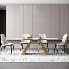 a dining table with four chairs and a white rug on the floor in front of it