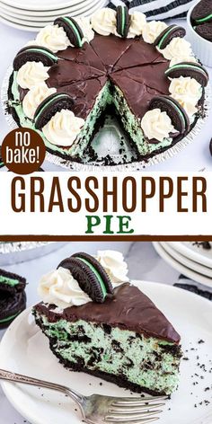 no bake grasshopper pie with oreo cookies on top