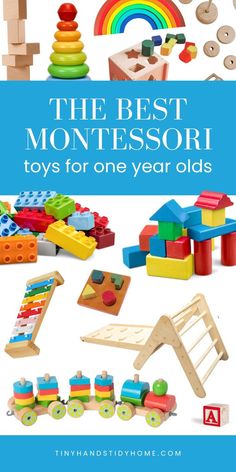 A collage of wooden Montessori toys. The text over the image reads, "The best Montessori toys for one year olds". Montessori Room, Pop Toys, Montessori Toddler, Logical Thinking, Montessori Activities, Learning Through Play